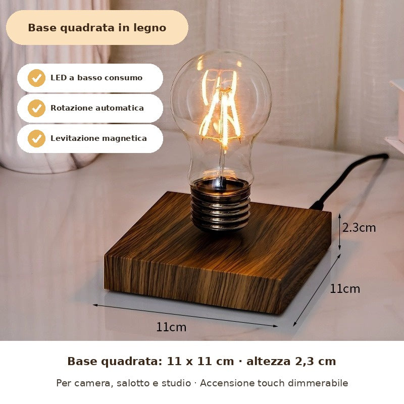 Lampadina levitante con base quadrata in legno, 11 x 11 cm