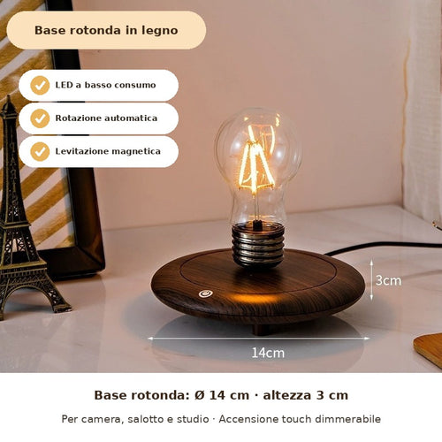 Lampadina levitante con base rotonda in legno, diametro 14 cm